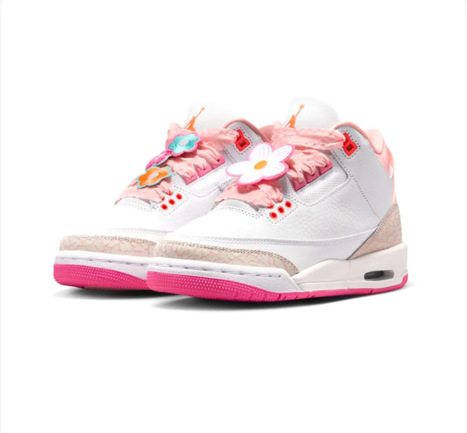 White & Pink Sneakers with Colorful Flower Lace Details
