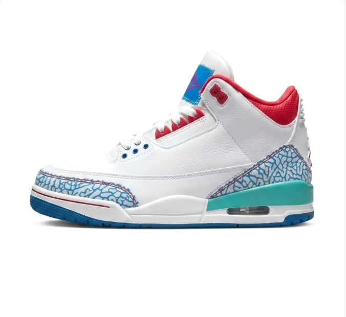 White Sneakers with Blue Elephant-Print Overlays & Red Accents