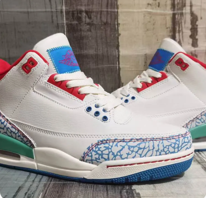 White Sneakers with Blue Elephant-Print Overlays & Red Accents