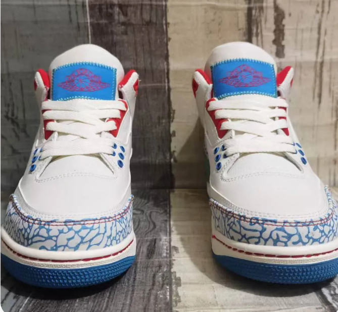 White Sneakers with Blue Elephant-Print Overlays & Red Accents