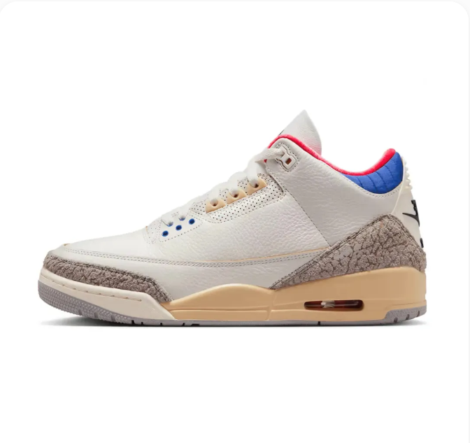 Cream Sneakers with Elephant-Print Overlays & Blue and Red Accents