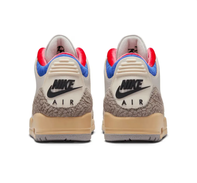 Cream Sneakers with Elephant-Print Overlays & Blue and Red Accents