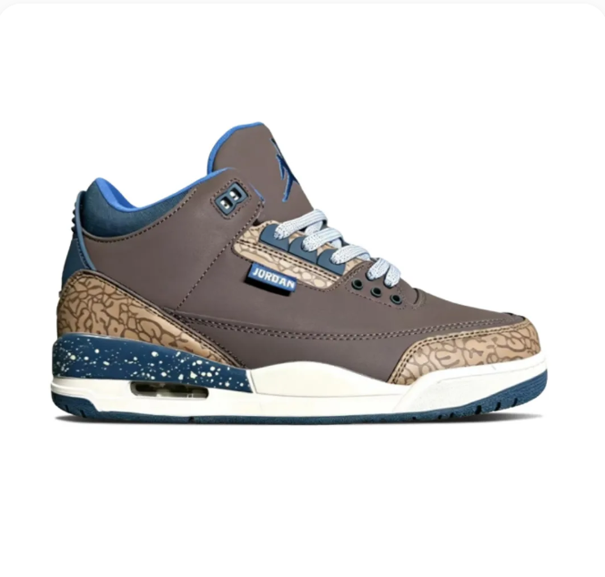 Brown & Blue Sneakers with Tan Elephant-Print Overlays