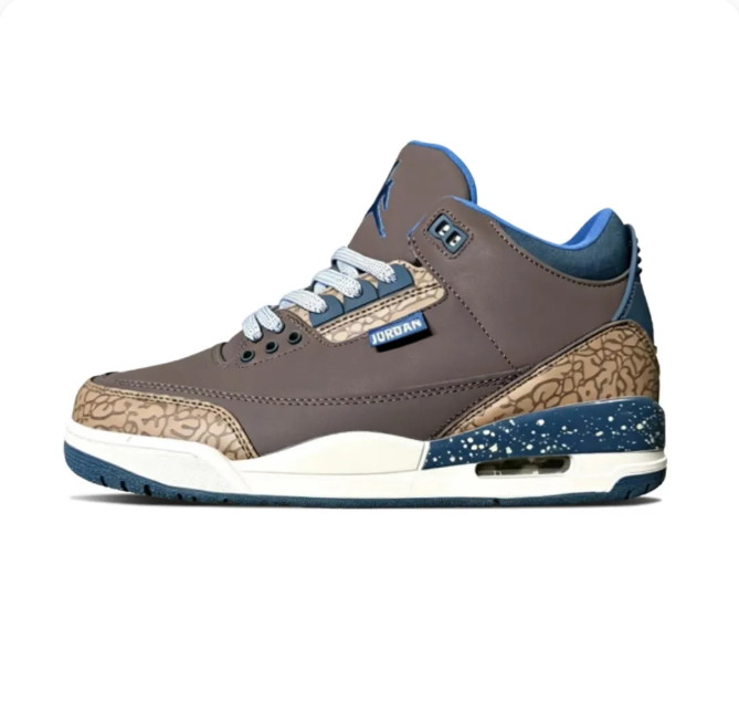 Brown & Blue Sneakers with Tan Elephant-Print Overlays