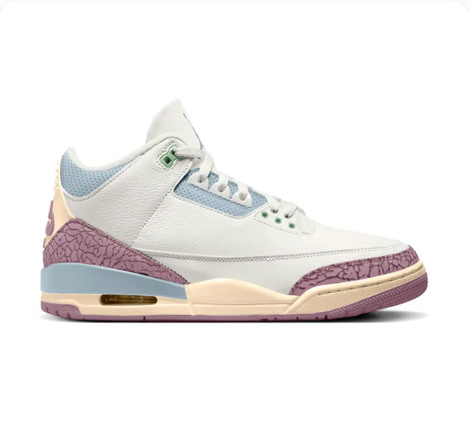 White & Mauve Sneakers with Light Blue Accents & Elephant-Print Overlays
