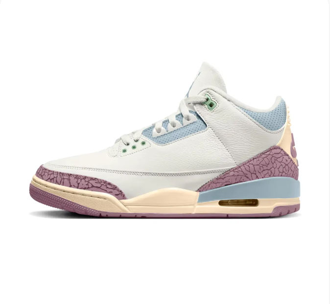 White & Mauve Sneakers with Light Blue Accents & Elephant-Print Overlays