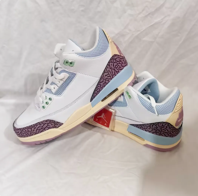 White & Mauve Sneakers with Light Blue Accents & Elephant-Print Overlays