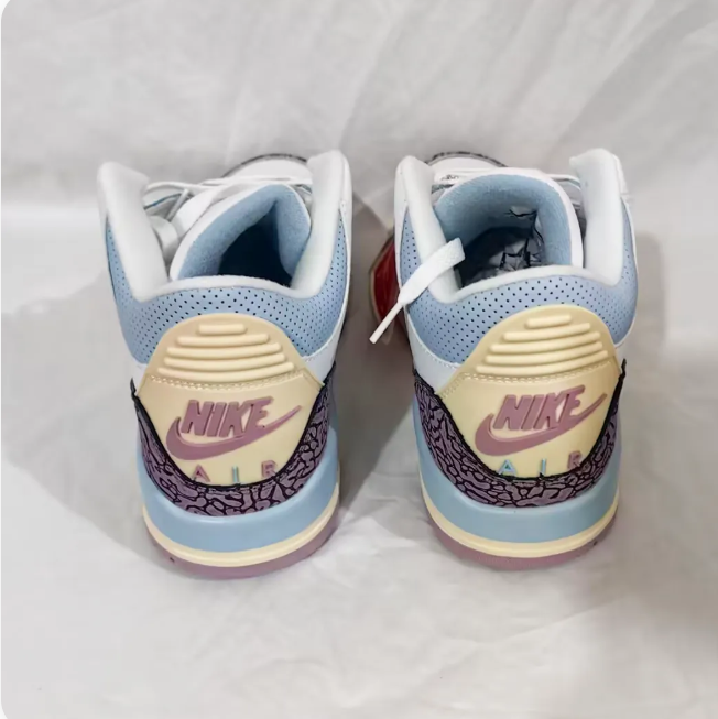 White & Mauve Sneakers with Light Blue Accents & Elephant-Print Overlays