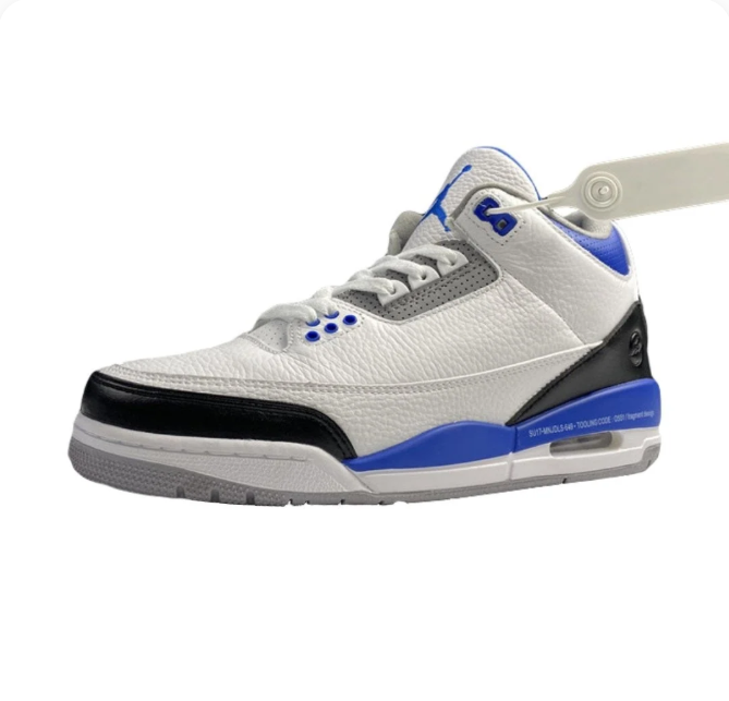White & Blue Sneakers with Black Toe and Heel Overlays