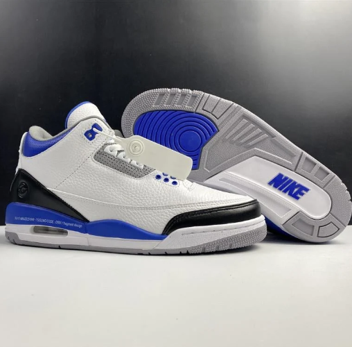 White & Blue Sneakers with Black Toe and Heel Overlays