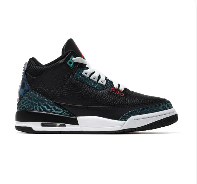 Black & Teal Sneakers with Elephant-Print Overlays & Red Accents