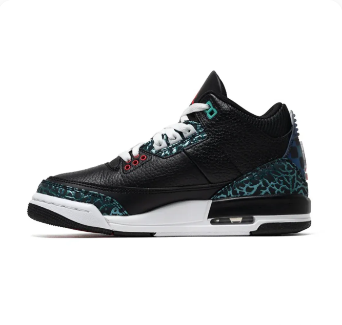 Black & Teal Sneakers with Elephant-Print Overlays & Red Accents