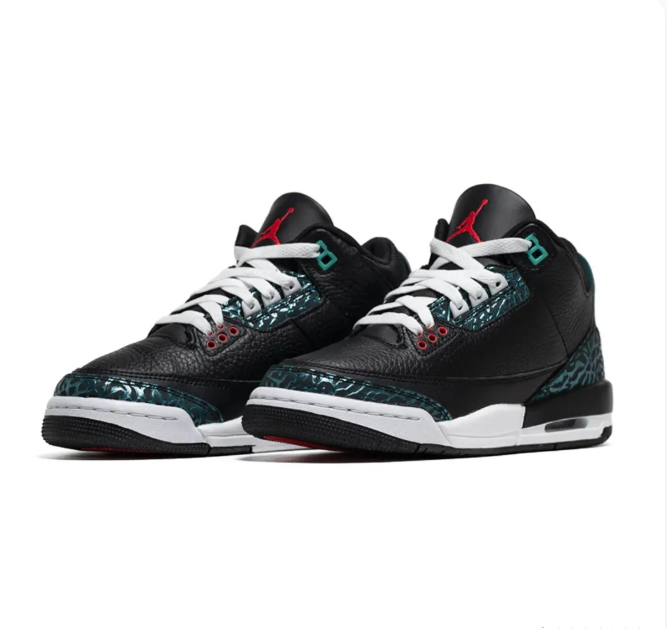 Black & Teal Sneakers with Elephant-Print Overlays & Red Accents