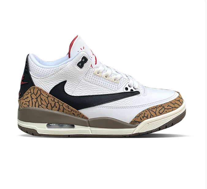 White & Tan Sneakers with Elephant-Print Overlays & Black Swoosh