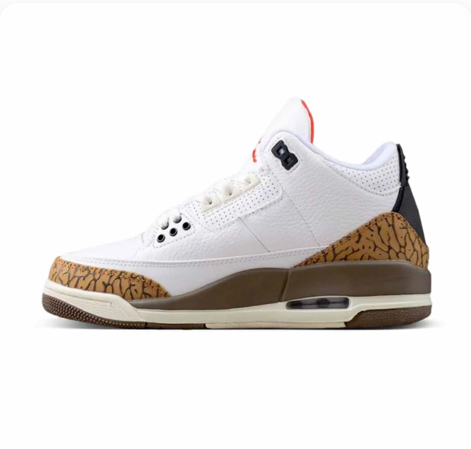 White & Tan Sneakers with Elephant-Print Overlays & Black Swoosh