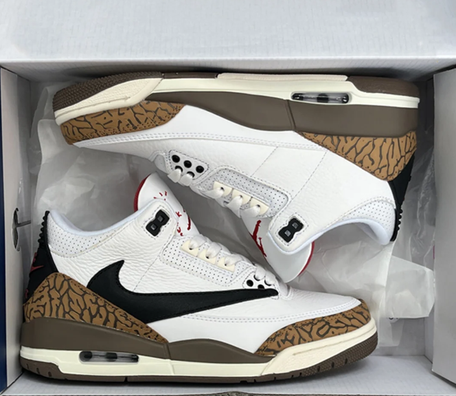 White & Tan Sneakers with Elephant-Print Overlays & Black Swoosh