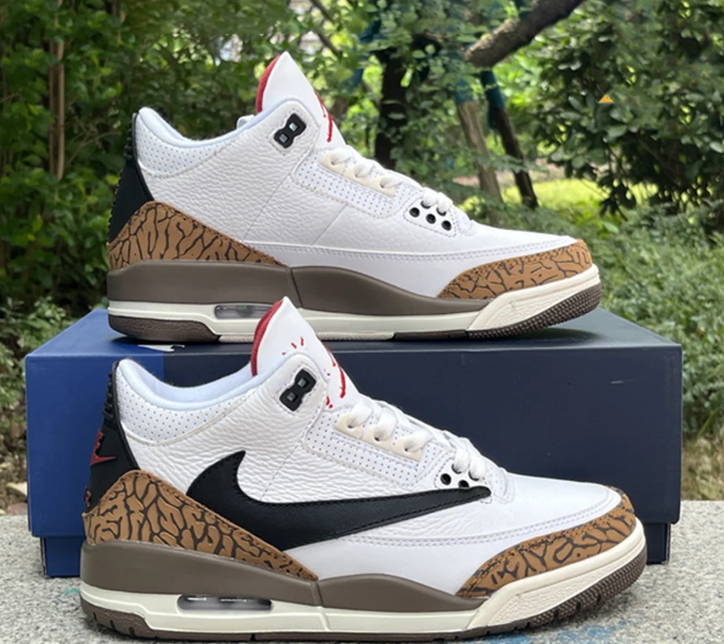 White & Tan Sneakers with Elephant-Print Overlays & Black Swoosh