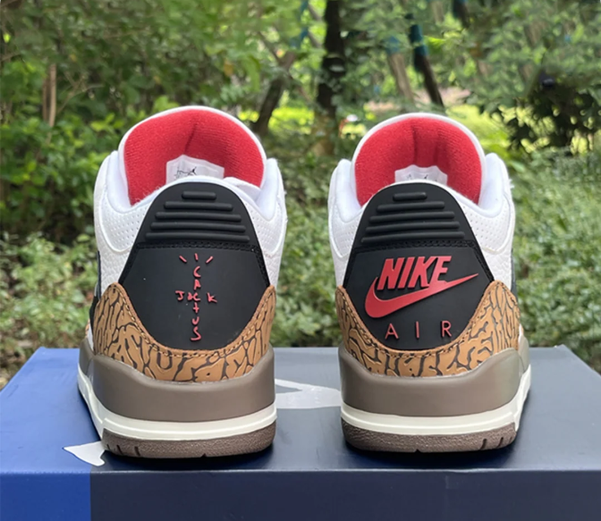 White & Tan Sneakers with Elephant-Print Overlays & Black Swoosh
