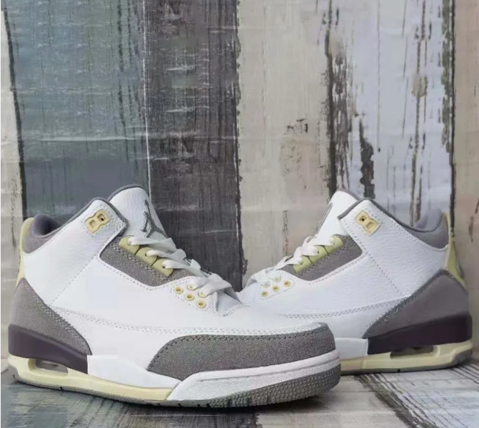 White & Grey Sneakers with Textured Overlays & Cream Accents