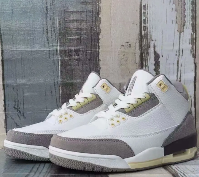 White & Grey Sneakers with Textured Overlays & Cream Accents