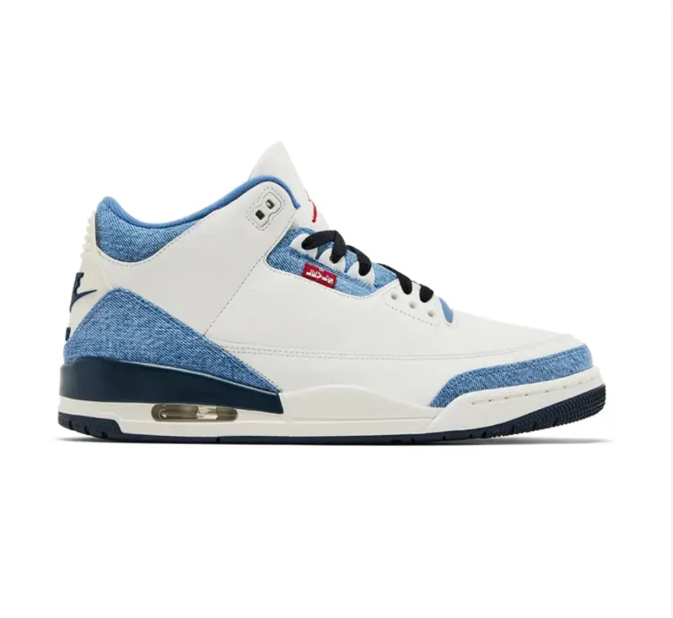 White & Blue Sneakers with Denim-Look Overlays & Red Accents