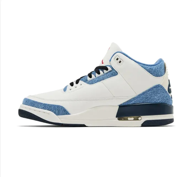 White & Blue Sneakers with Denim-Look Overlays & Red Accents