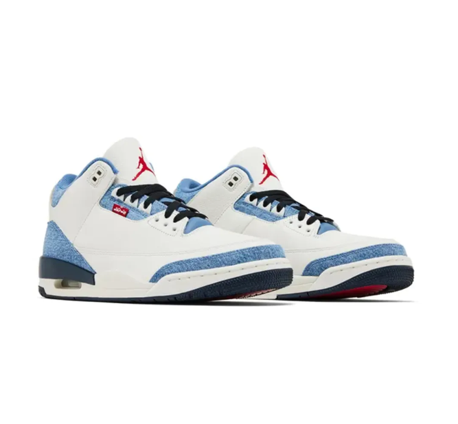 White & Blue Sneakers with Denim-Look Overlays & Red Accents