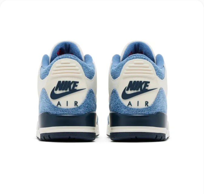 White & Blue Sneakers with Denim-Look Overlays & Red Accents