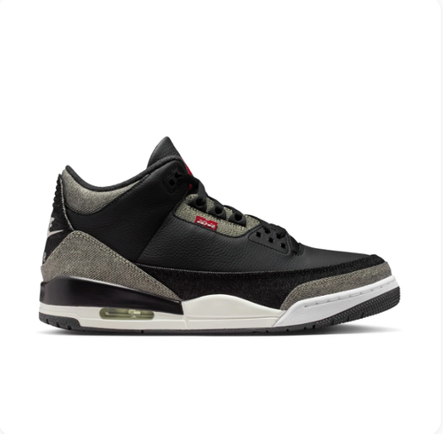 Black & Grey Sneakers with Denim-Look Panels & Red Accents