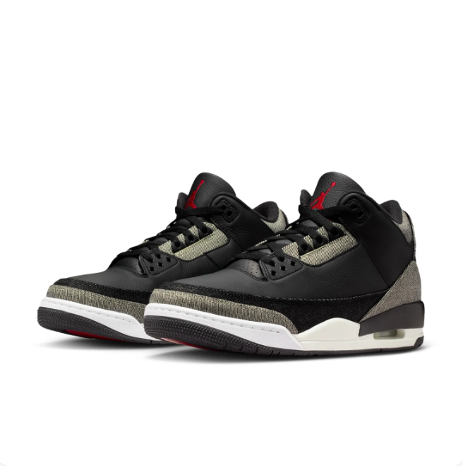Black & Grey Sneakers with Denim-Look Panels & Red Accents