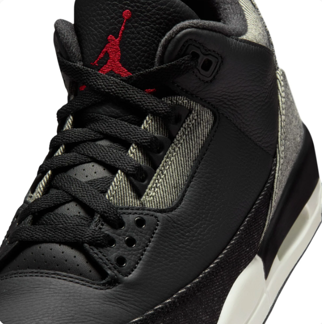 Black & Grey Sneakers with Denim-Look Panels & Red Accents