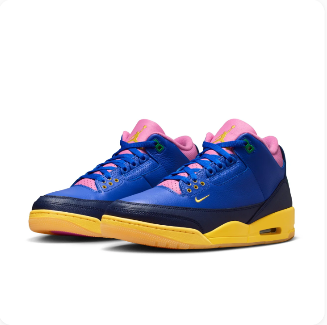 Blue & Pink Sneakers with Yellow Soles & Green Accents