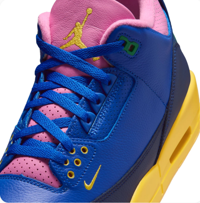 Blue & Pink Sneakers with Yellow Soles & Green Accents