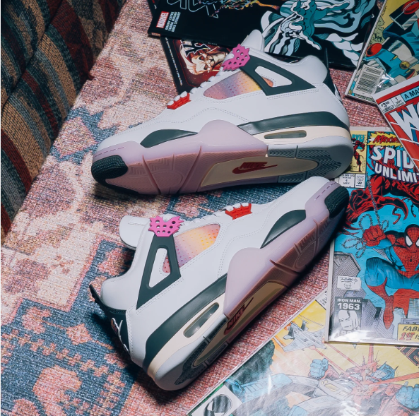 White & Pink Sneakers with Gradient Panels & Red Eyelets