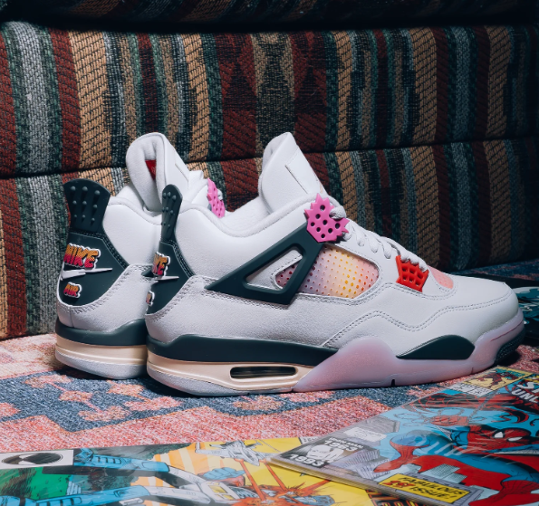 White & Pink Sneakers with Gradient Panels & Red Eyelets