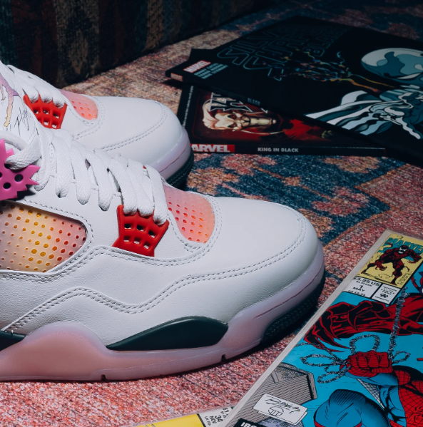 White & Pink Sneakers with Gradient Panels & Red Eyelets