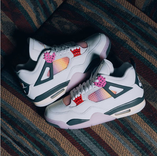 White & Pink Sneakers with Gradient Panels & Red Eyelets