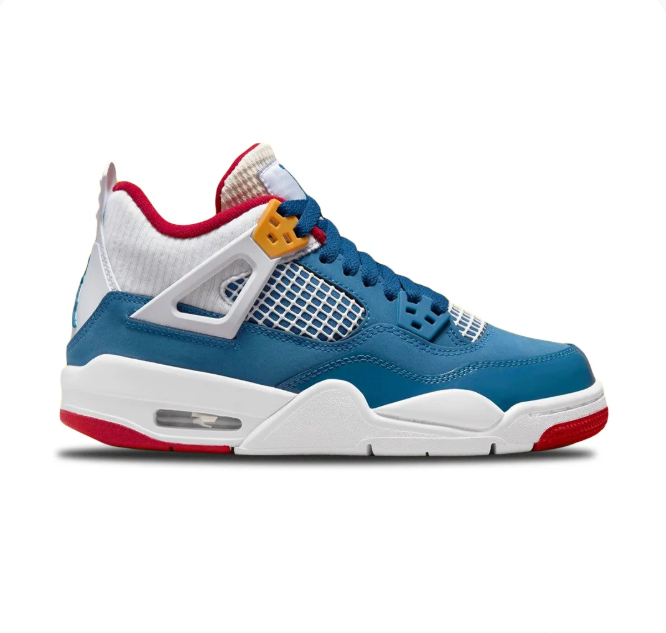 Teal Blue & White Sneakers with Red Accents & Yellow Eyelets