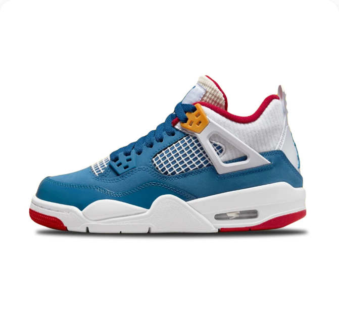 Teal Blue & White Sneakers with Red Accents & Yellow Eyelets