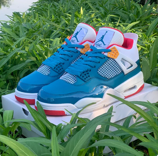 Teal Blue & White Sneakers with Red Accents & Yellow Eyelets