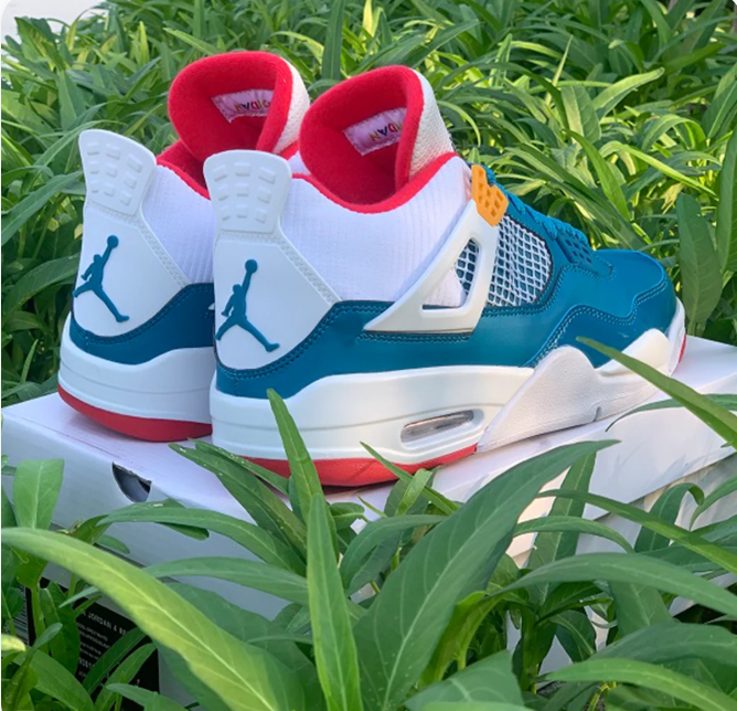 Teal Blue & White Sneakers with Red Accents & Yellow Eyelets