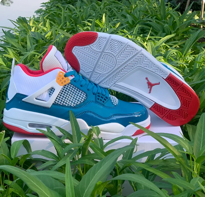 Teal Blue & White Sneakers with Red Accents & Yellow Eyelets