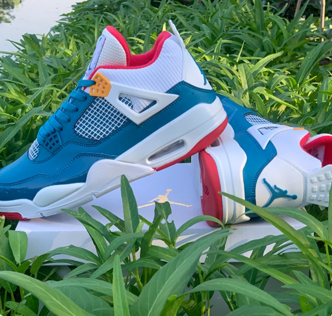 Teal Blue & White Sneakers with Red Accents & Yellow Eyelets