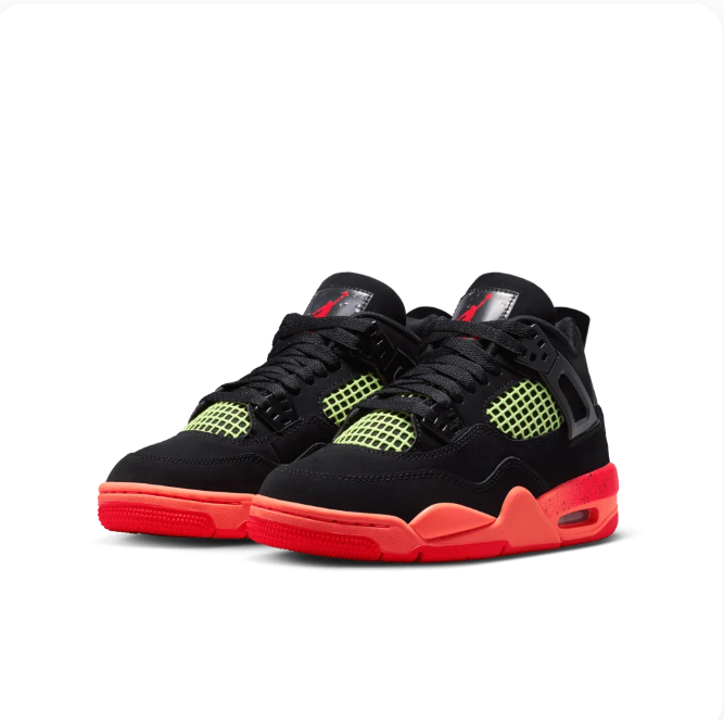 Black Sneakers with Lime Grid Panels & Coral Red Soles