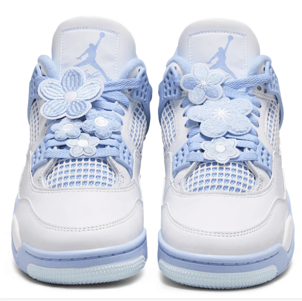 White & Periwinkle Blue Sneakers with Grid Panels & Flower Lace Details