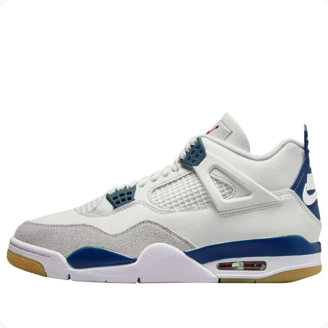 White & Navy Sneakers with Grey Toe Overlays & Gum-Colored Soles