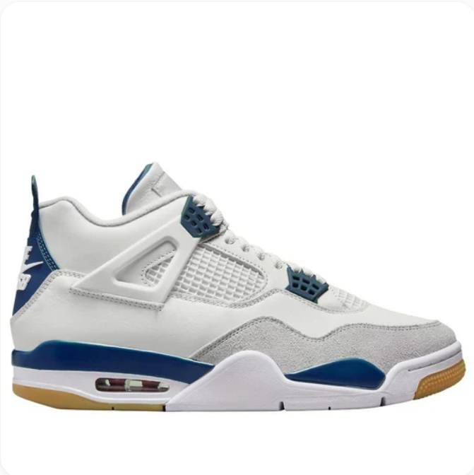 White & Navy Sneakers with Grey Toe Overlays & Gum-Colored Soles