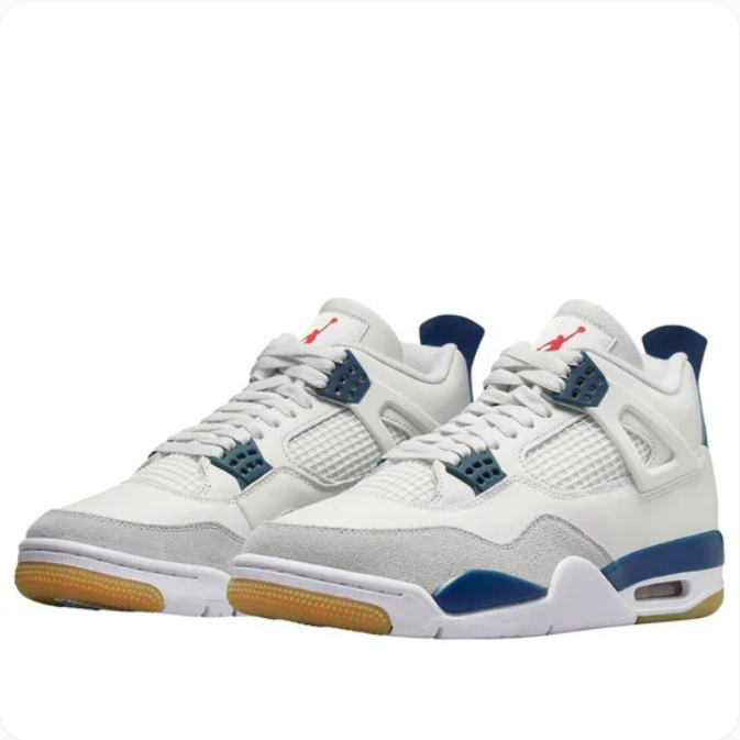 White & Navy Sneakers with Grey Toe Overlays & Gum-Colored Soles