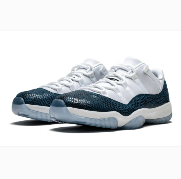 White & Navy Low-Top Sneakers with Reptile-Pattern Overlays & Icy Blue Soles