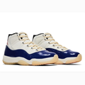 White & Navy High-Top Sneakers with Glossy Overlays & Cream Soles